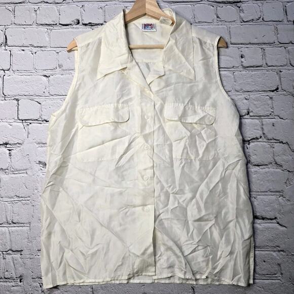 Vintage Backroad Blues 100% Silk Cream Button Up Sleeveless Blouse Size Large - Picture 1 of 10